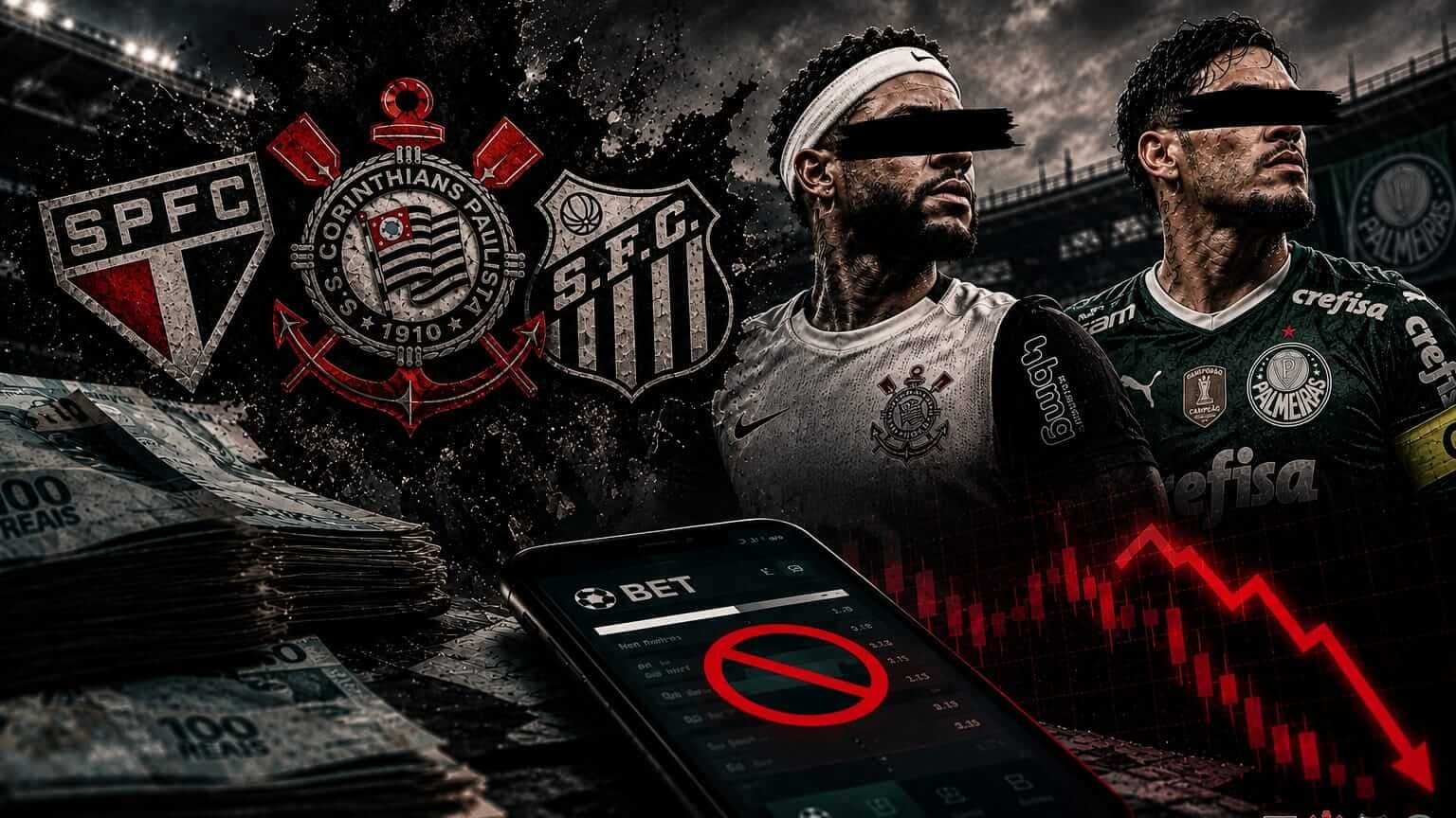 Montagem com os escudos dos quatro grandes de São Paulo, maços de dinheiro, um aplicativo de apostas bloqueado e um gráfico em queda